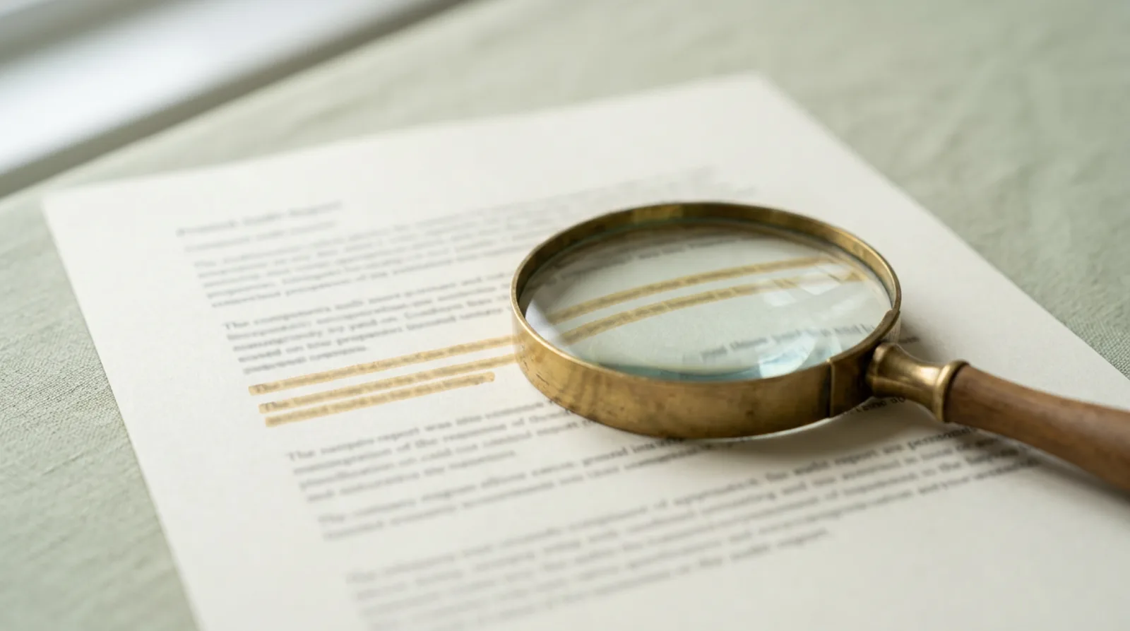 A brass magnifying glass resting on a printed report with highlighted lines