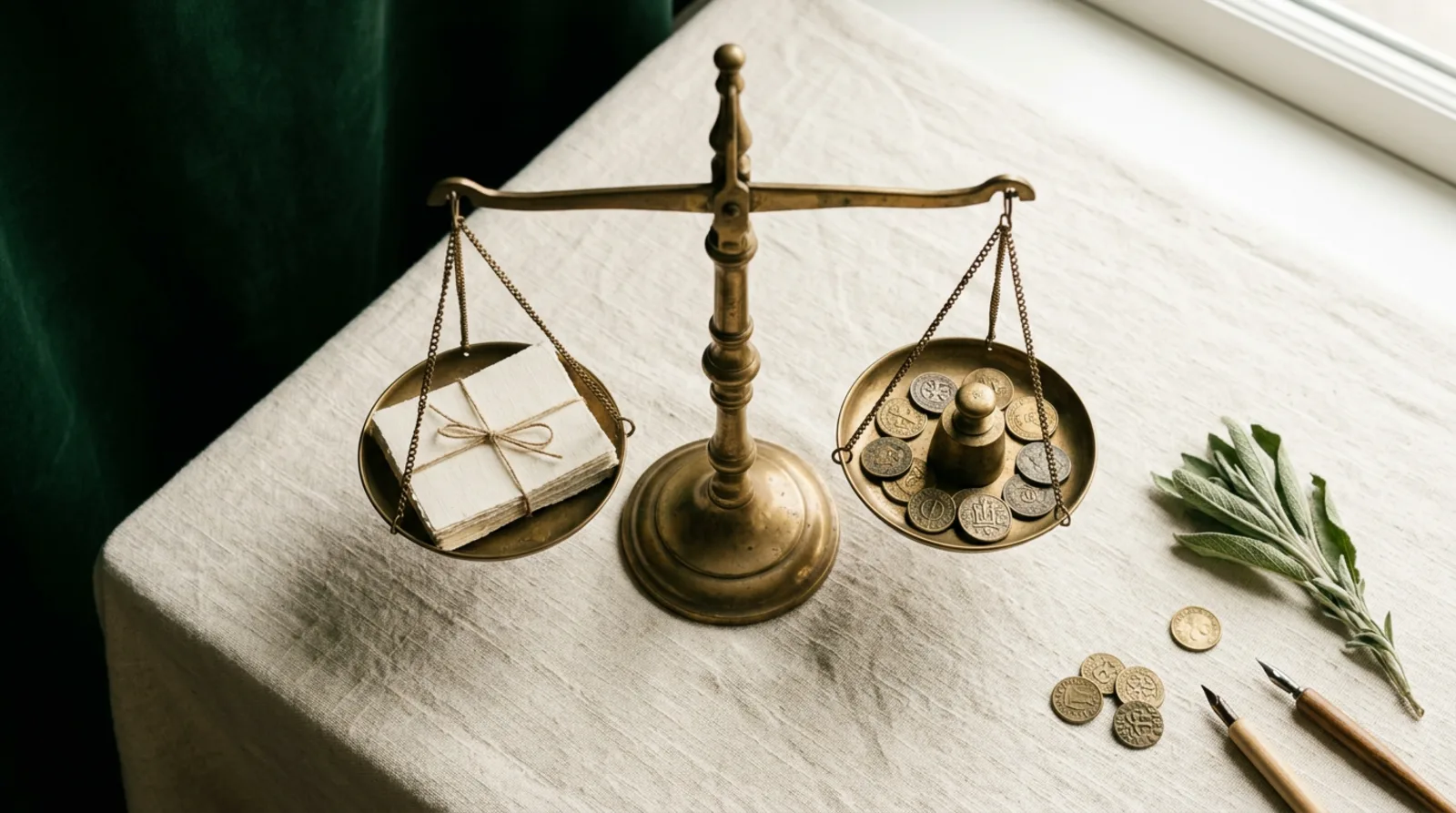A brass balance scale weighing a small parcel against coins on a linen table