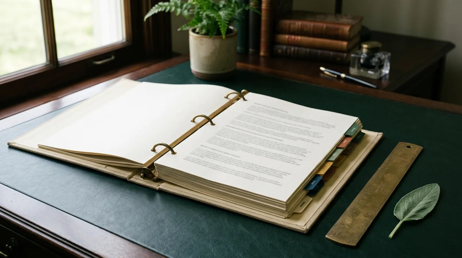 An open binder of tabbed regulations on a green desk, beside a brass ruler